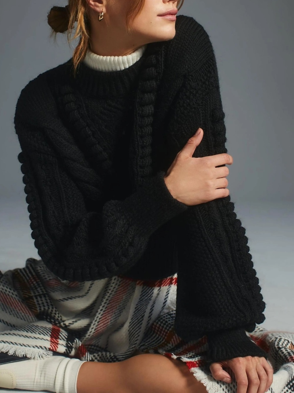 ANTHROPOLOGIE Cropped Cable-Knit Sweater in Black - XL